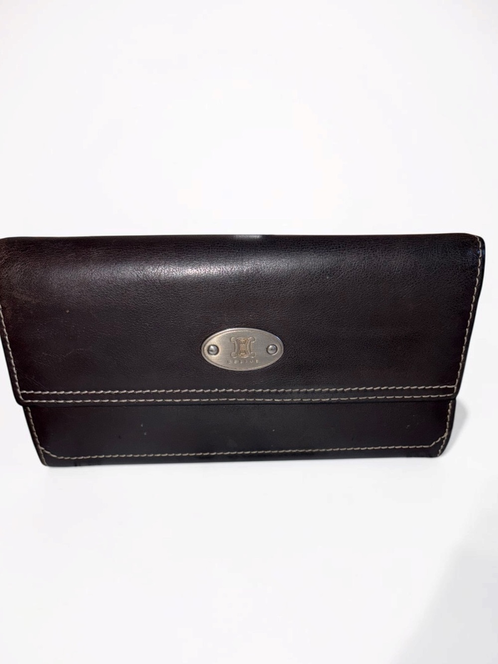 Celine Dark Brown Leather Wallet with Contrast Stitching w/COA